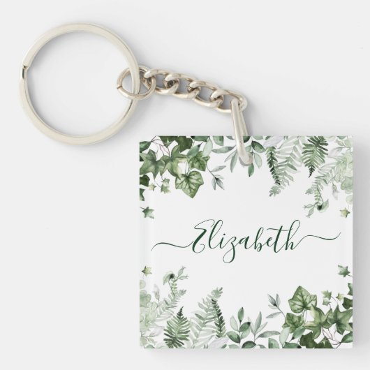 Waterverf Greenery Ivy Sage Ferns Acryl Sleutelhanger (Voorkant)