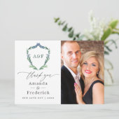 Waterverf Greenery Laurel Crest Monogram Wedding Bedankkaart (Staand voorkant)