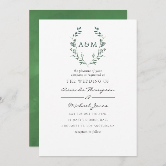 Waterverf Greenery Laurel Crest Monogram Wedding Kaart (Voorkant / Achterkant)