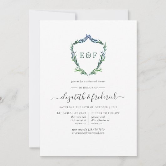 Waterverf Greenery Laurel Crest Rehearsal Dinner Kaart (Voorkant)