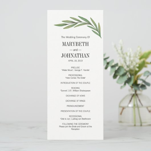 Waterverf Greenery Leaves Wedding Program Card Programma (Staand voorkant)