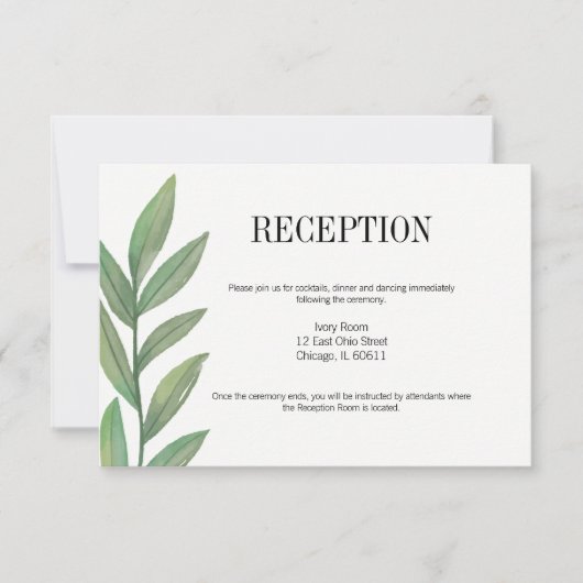Waterverf Greenery Leaves Wedding Reception Kaart (Voorkant)