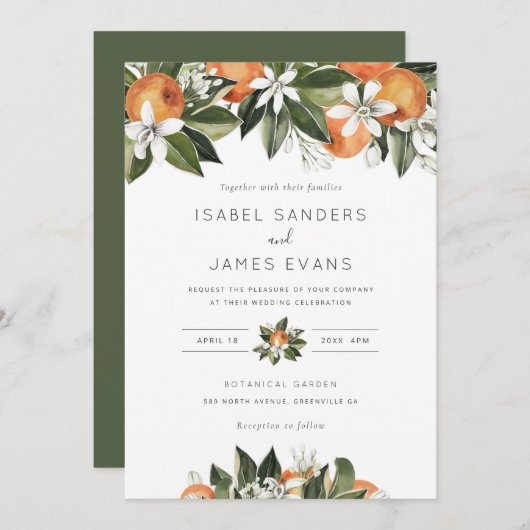 Waterverf Greenery Oranje Blossom Modern Wedding Kaart (Voorkant / Achterkant)