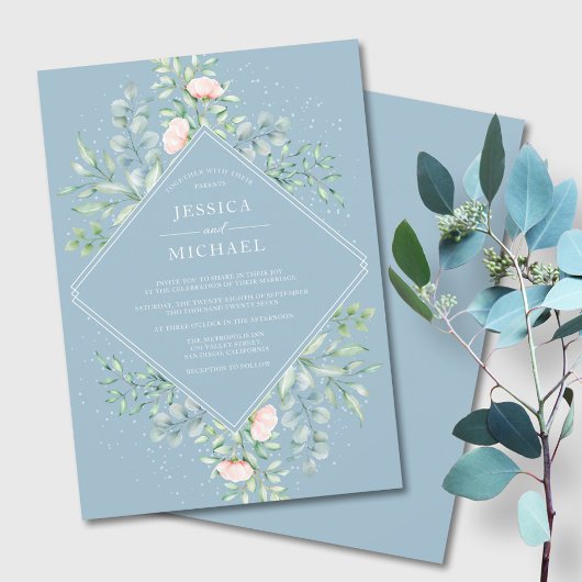 Waterverf Greenery Peach Rozen Dusty Blue Wedding Kaart