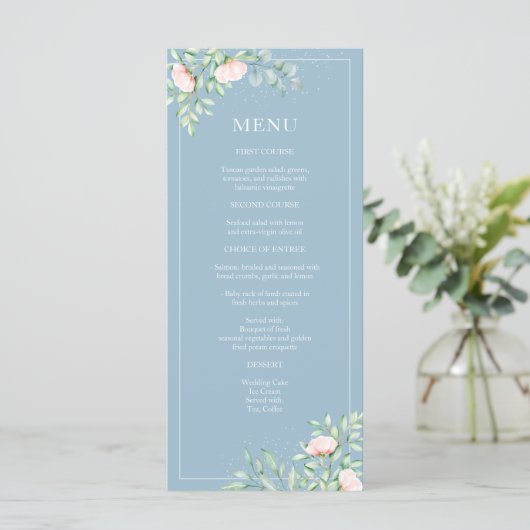Waterverf Greenery Peach Rozen Dusty Blue Wedding Menu (Staand voorkant)
