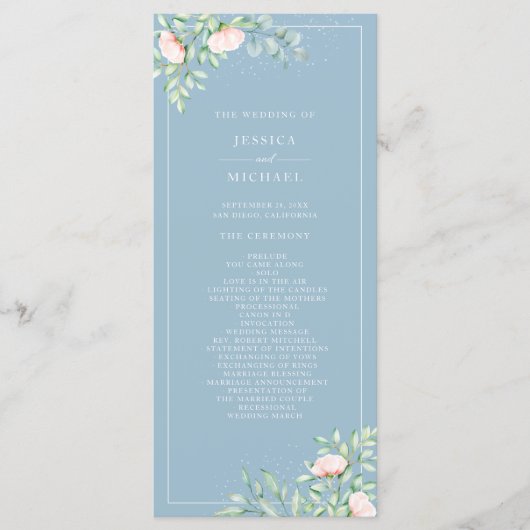 Waterverf Greenery Peach Rozen Dusty Blue Wedding Programma (Voorkant)