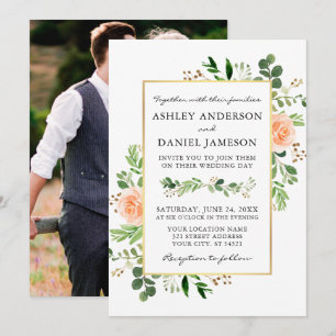 Waterverf Greenery Peach Rozen Foto Terug Trouwen Kaart