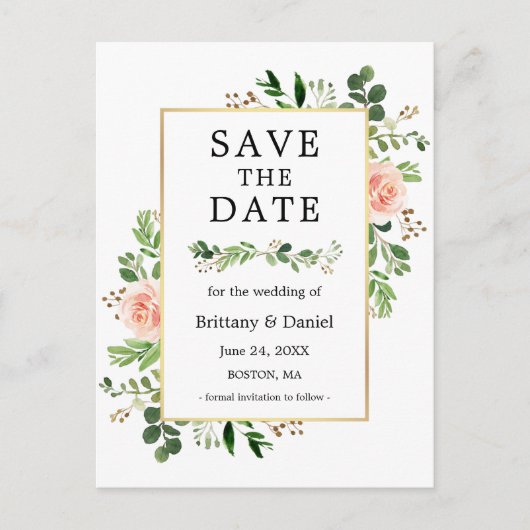 Waterverf Greenery Pink Floral Save the Date Briefkaart (Voorkant)