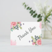 Waterverf Greenery Pink Flowers Hartelijk dank Feestdagenkaart (Staand voorkant)