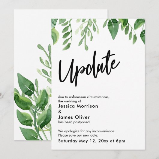 Waterverf Greenery Postponed Wedding Update Card Kaart (Voorkant / Achterkant)
