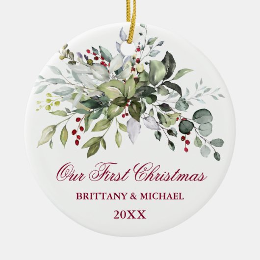 Waterverf Greenery Red Berries eerste kerstfeest Keramisch Ornament (Voorkant)