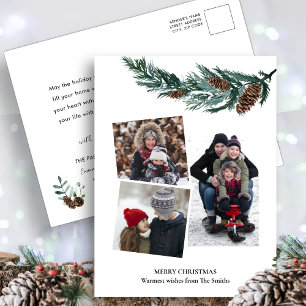 Waterverf Greenery Rustic Green Pine Cone Bough Feestdagenkaart