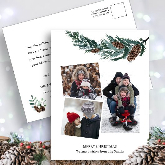 Waterverf Greenery Rustic Green Pine Cone Bough Feestdagenkaart