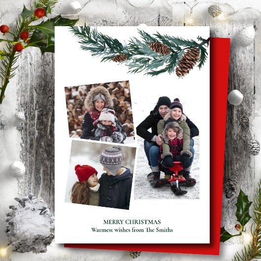 Waterverf Greenery Rustic Green Pine Cone Bough Feestdagenkaart