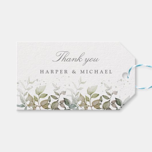 Waterverf greenery & sage bruiloft bedankt cadeaulabel (Voorkant (Horizontaal))