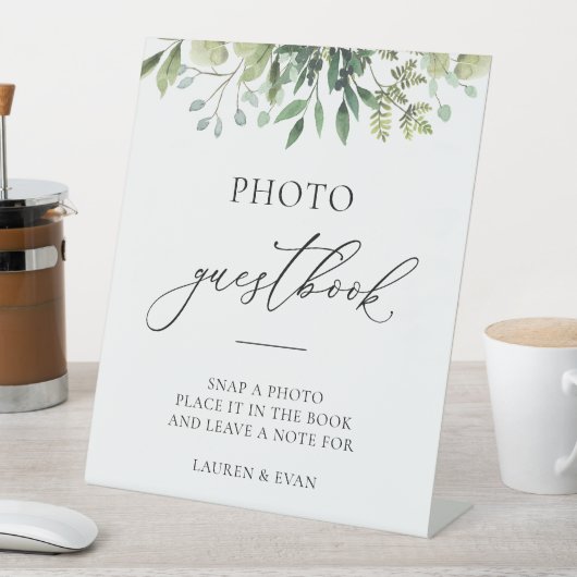 Waterverf Greenery Simple Elegant Photo Guestbook Reclamebord Met Voetstuk (Insitu)