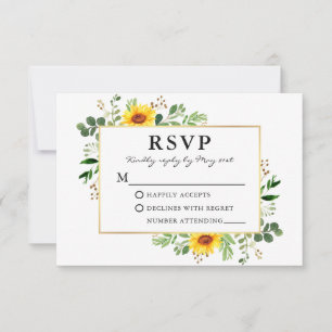 Waterverf Greenery Sunflower Gold Wedding RSVP Kaartje