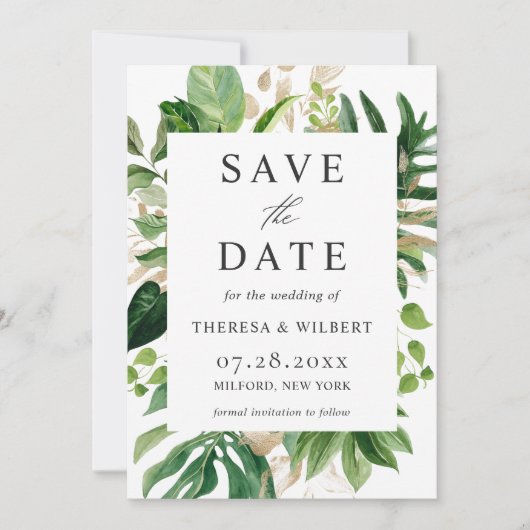 Waterverf Greenery Tropical Palm Leaves Wedding Save The Date (Voorkant)