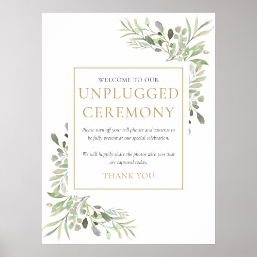 Waterverf Greenery Unplugged Ceremony Sign Poster (Voorkant)
