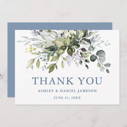 Waterverf Greenery Wedding Dusty Blue Bedankkaart (Voorkant / Achterkant)