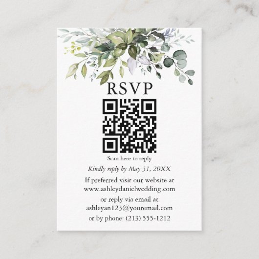 Waterverf Greenery Wedding Dusty Blue QR RSVP Informatiekaartje (Voorkant)