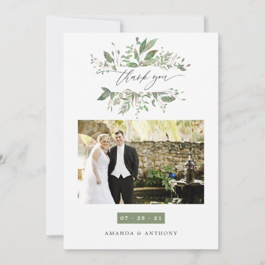 Waterverf Greenery Wedding Foto Bedankkaart (Voorkant)