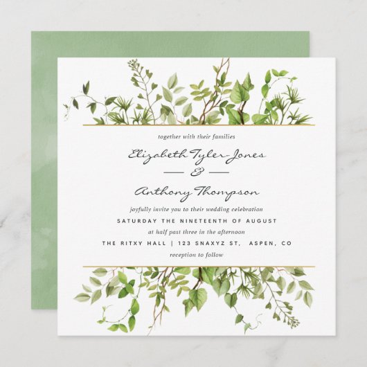 Waterverf Greenery Wedding Invitation Kaart (Voorkant / Achterkant)