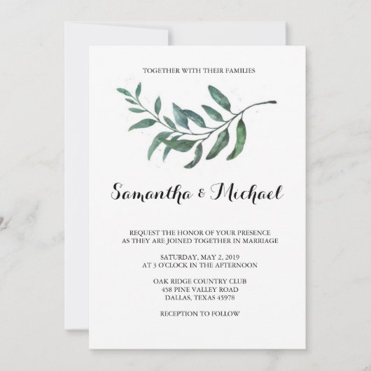 Waterverf Greenery Wedding Invitation Kaart (Voorkant)