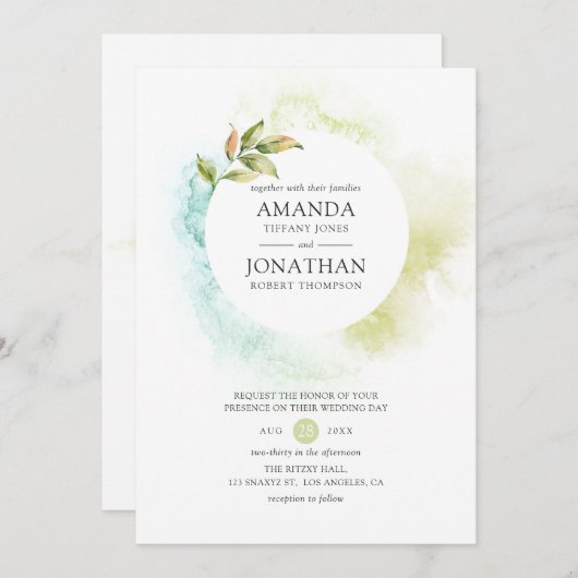 Waterverf Greenery Wedding Kaart (Voorkant / Achterkant)