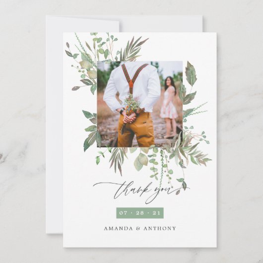 Waterverf Greenery Wedding Photo Collage Bedankkaart (Voorkant)
