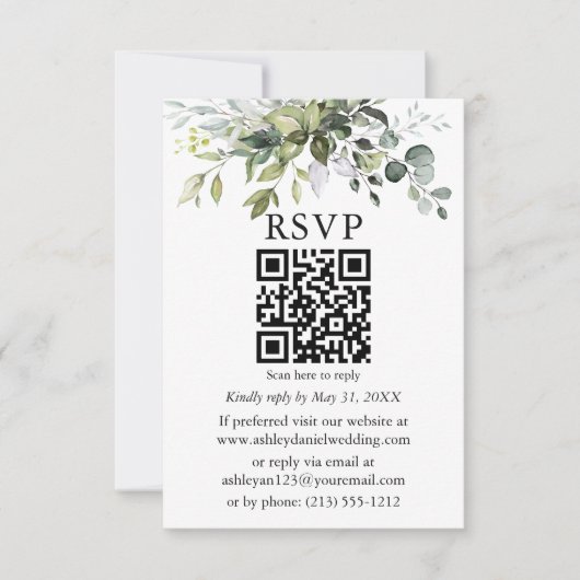 Waterverf Greenery Wedding QR RSVP Kaart (Voorkant)