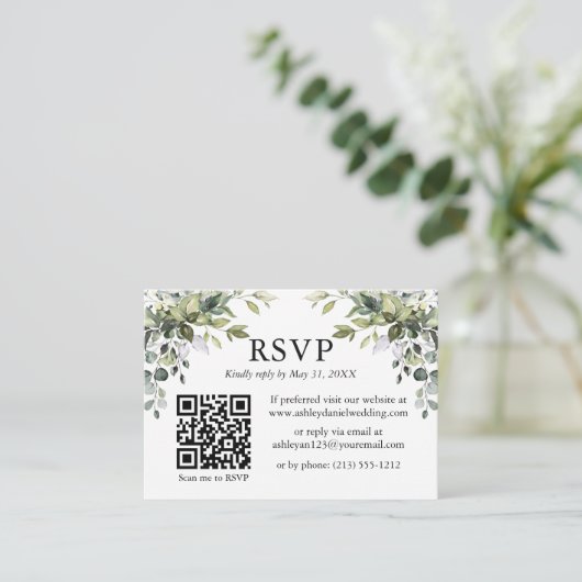 Waterverf Greenery Wedding Sage Green RSVP QR Informatiekaartje (Staand voorkant)