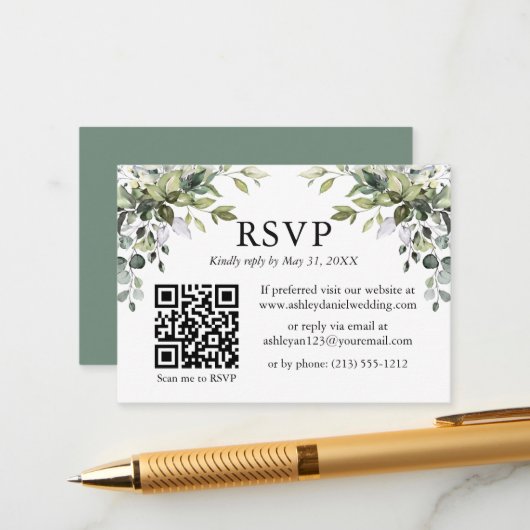 Waterverf Greenery Wedding Sage Green RSVP QR Informatiekaartje (Voorkant / Achterkant in situ)