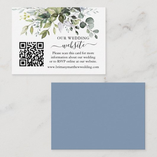 Waterverf Greenery Wedding Website QR Dusty Blue Informatiekaartje (Voorkant / Achterkant)