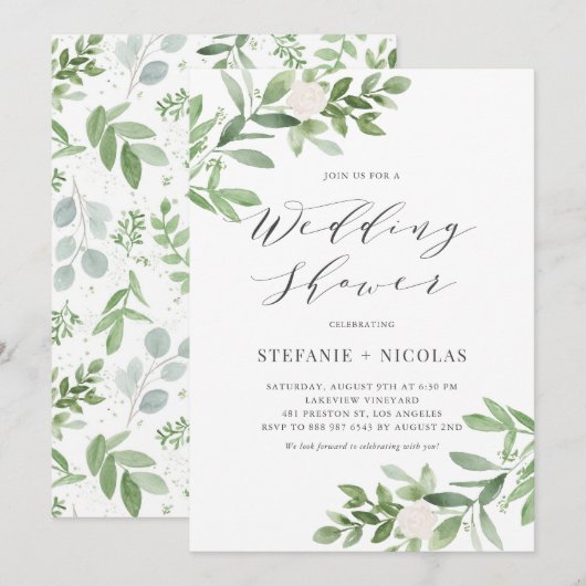 Waterverf Greenery White Floral Wedding Shower Kaart (Voorkant / Achterkant)