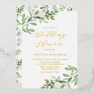 Waterverf Greenery White Flower Wedding Shower Folie Uitnodiging