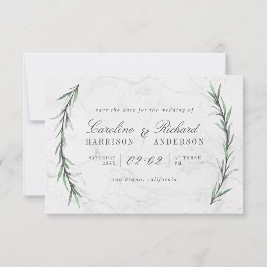 Waterverf Greenery & White Marble Bewaar de datum Save The Date (Voorkant)