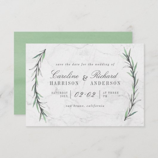 Waterverf Greenery & White Marble Bewaar de datum Save The Date (Voorkant / Achterkant)
