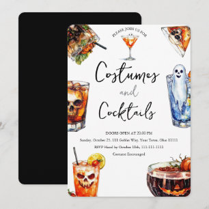 Waterverf Griezels Kostuums en Cocktails Halloween Kaart
