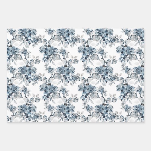 Waterverf Grijs en Blauw Bloemen Patroon Vakantie Inpakpapier Vel (Voorkant)
