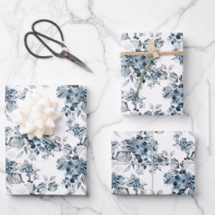 Waterverf Grijs en Blauw Bloemen Patroon Vakantie Inpakpapier Vel