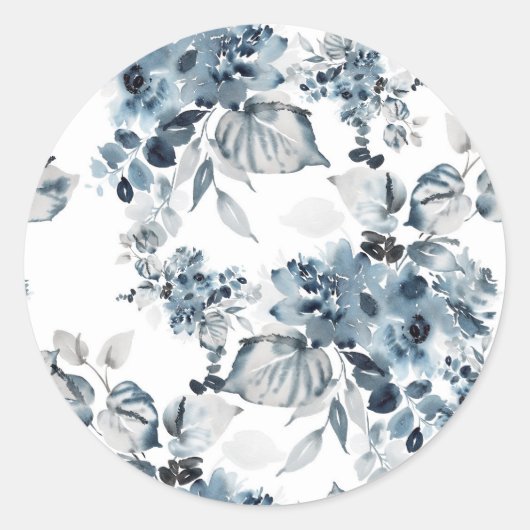 Waterverf Grijs en Blauw Bloemenpatroon Ronde Sticker (Voorkant)