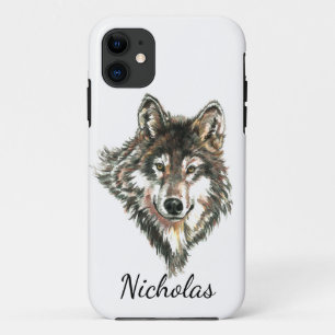 Waterverf Grijze Wolf Aangepaste naam iPhone 11 Hoesje