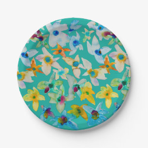 Waterverf grillige blauwe bloemen papieren bordje