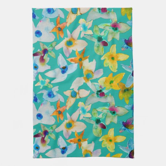 Waterverf grillige blauwe bloemen theedoek (Verticaal)