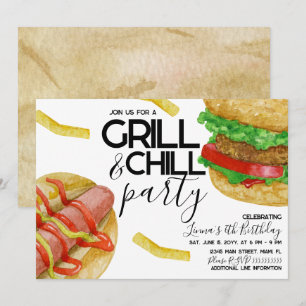 Waterverf Grilling Burger Fries Hot Dog Party Kaart