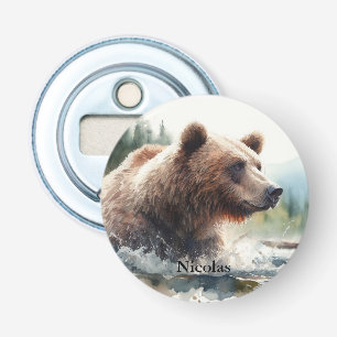 Waterverf Grizzly Beer Wildlife Natuur Art Button Flesopener