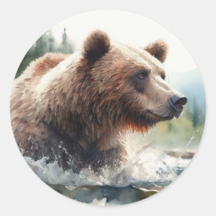 Waterverf Grizzly Beer Wildlife Natuur Art Ronde Sticker
