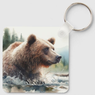 Waterverf Grizzly Beer Wildlife Natuur Art Sleutelhanger