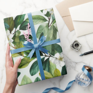 Waterverf groen blad wit bloempatroon cadeaupapier